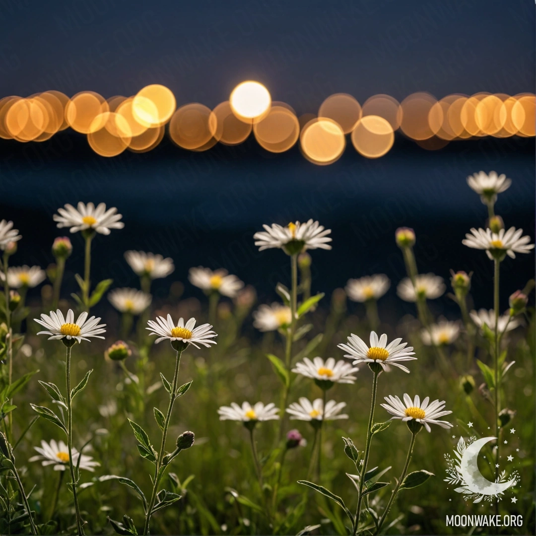 Крупный план нежных полевых цветов на размытом ночном небе.