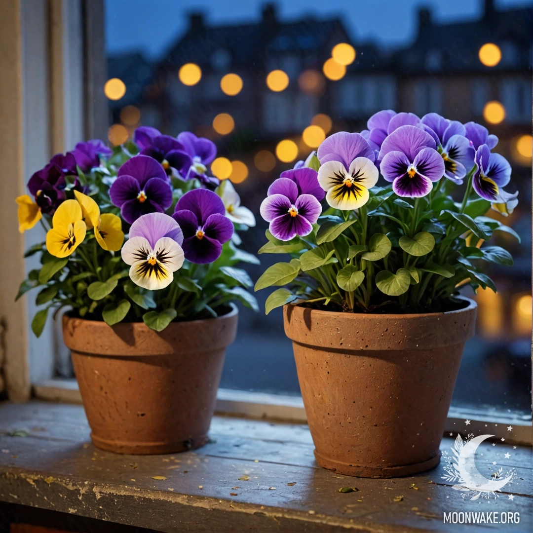 Винтажные цветочные горшки на потрёпанном подоконнике с анютиными глазками в ночное время.