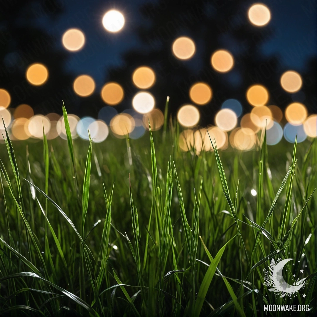 Крупный план травы на поле ночью с размытым лесом на фоне.