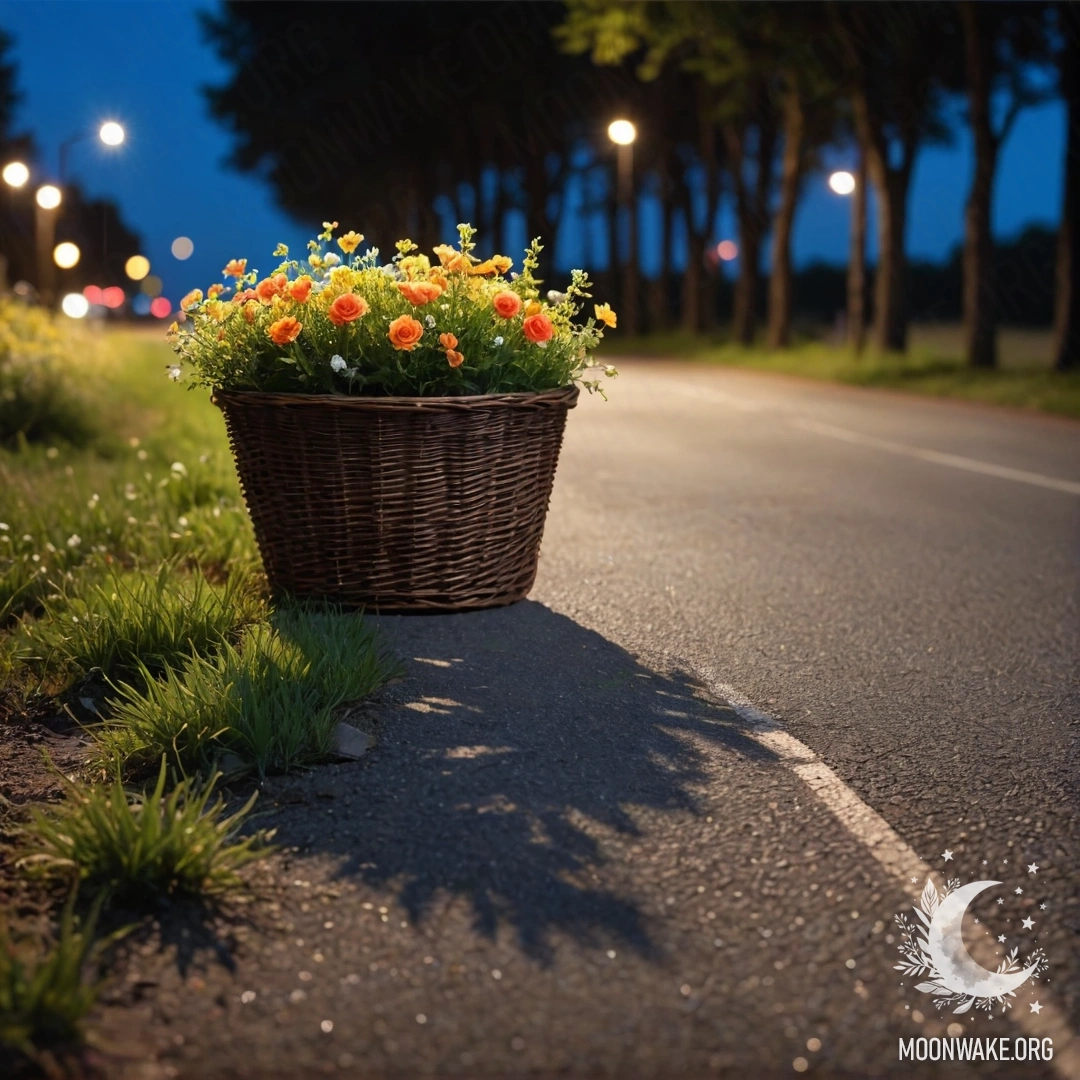 Грязная дорога ночью с корзиной цветов рядом и деревьями на заднем плане.