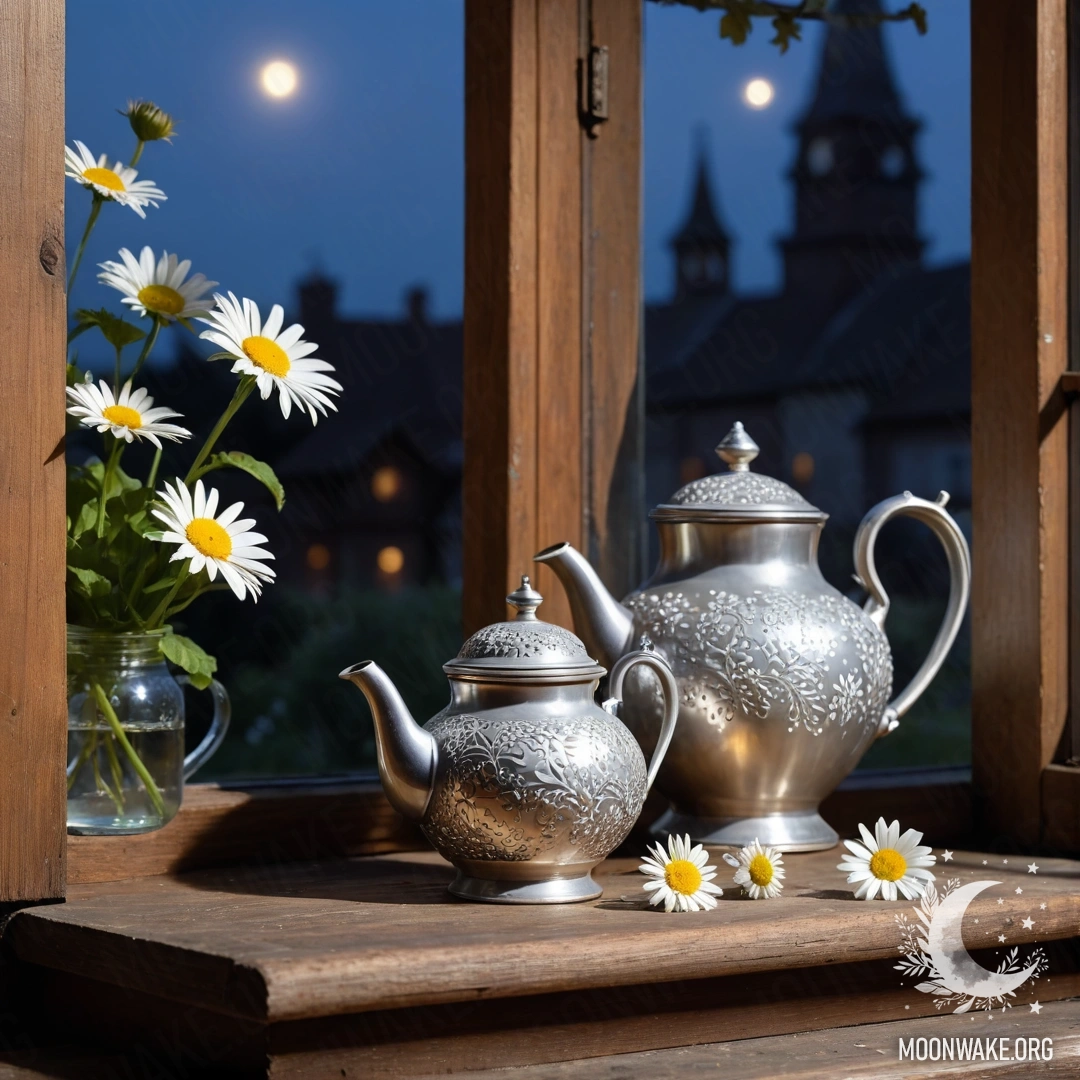 Устаревший деревянный подоконник ночью с металлическим заварником и ромашками.