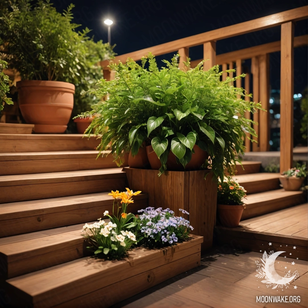 Деревянная лестница, украшенная горшками с цветами, ночью.