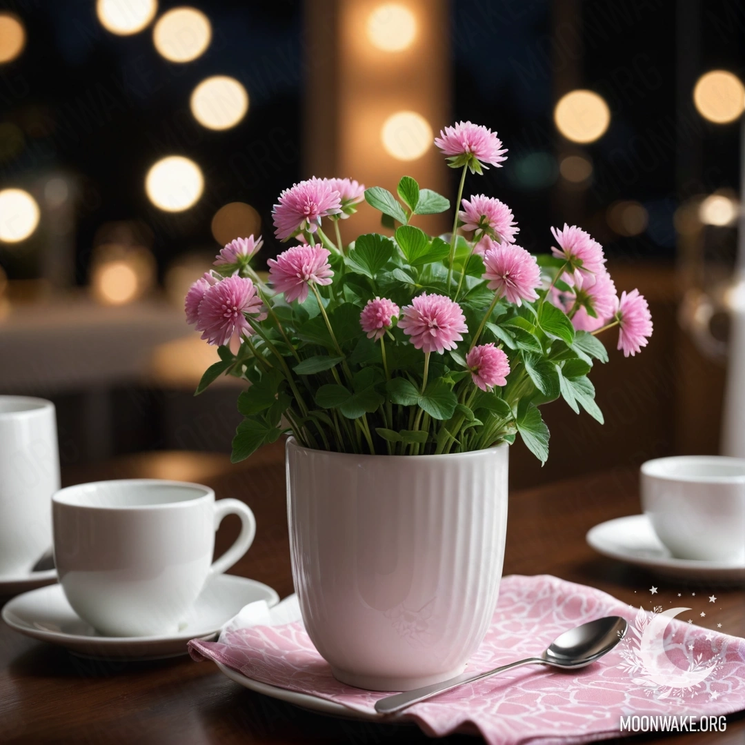 Круглая соломенная салфетка, на ней белые фарфоровые чашки с розовым узором и клевер в белом вазе ночью.