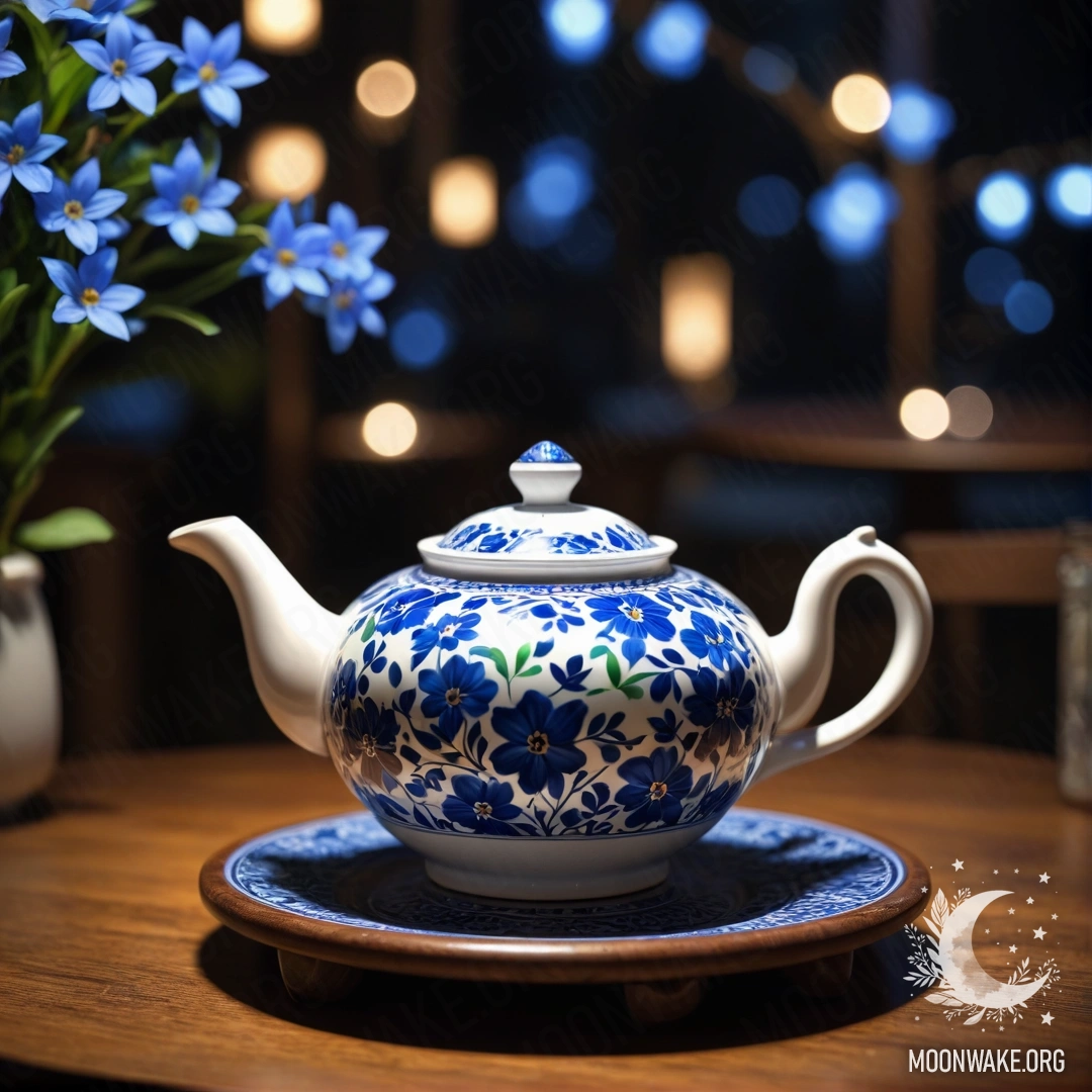 Круглый деревянный стол с фарфоровым чайником, наполненным голубыми цветами, ночью.