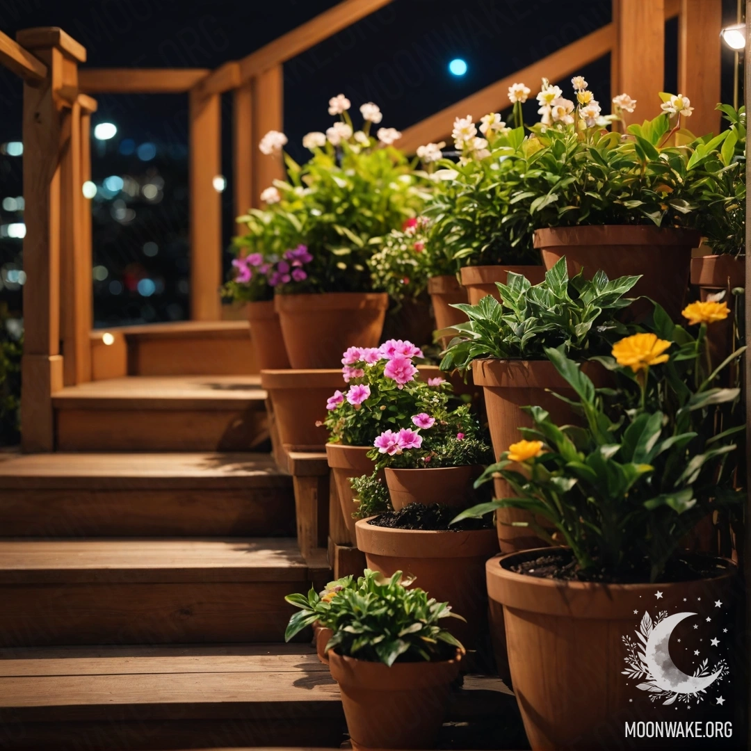 Фотография деревянной лестницы, украшенной цветочными горшками ночью.