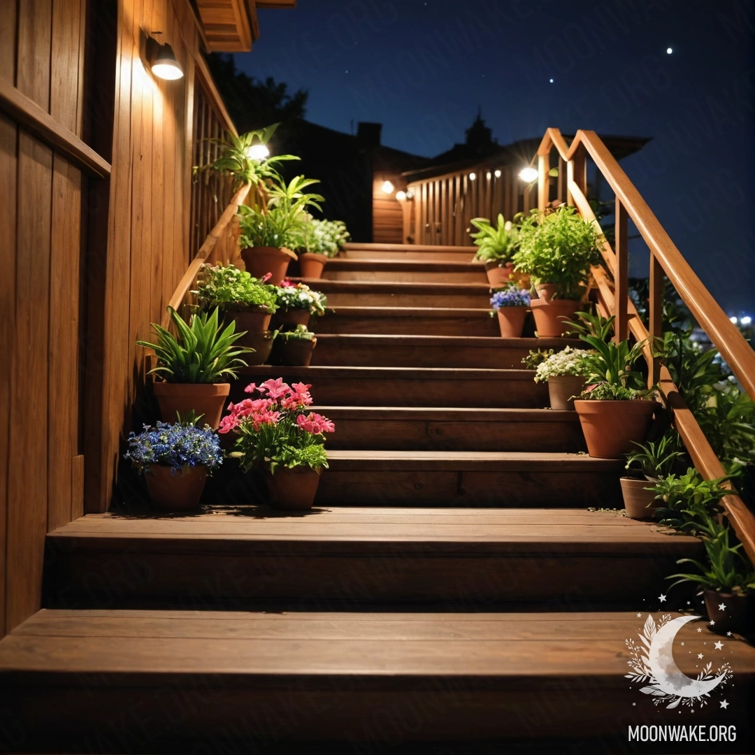 Деревянная лестница, украшенная цветочными горшками, освещенная ночью.