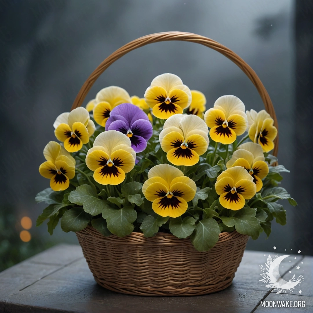 Корзина с кремово-желтыми фиалками, окруженная ночным туманом.