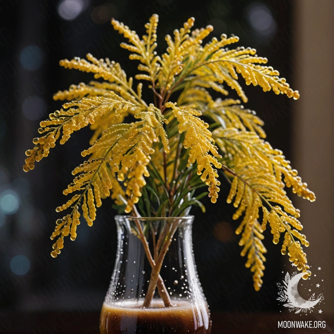 Мирная мимоза в вазе кофеевого цвета, украшенная каплями росы в ночное время.