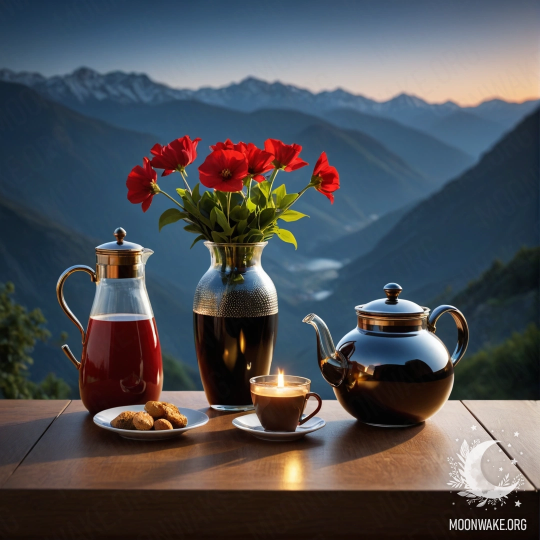 Фотореалистичное изображение абстрактного деревянного столика с банкой красных цветов и чашками на фоне гор ночью.