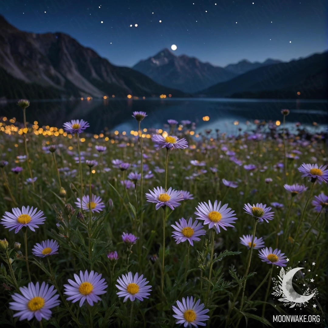 Крупный план красивых полевых цветов на фоне размытого горного озера ночью.