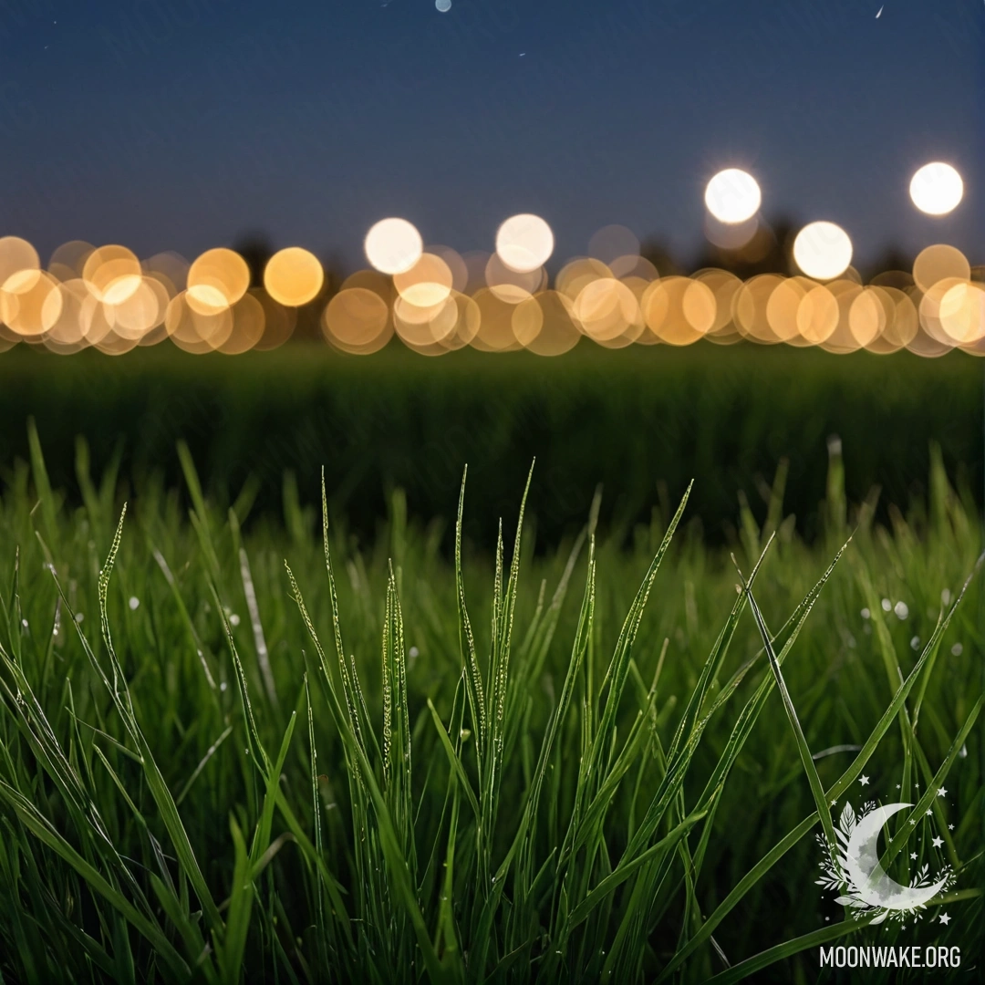 Крупный план травы на поле с размытым ночным небом на заднем плане.