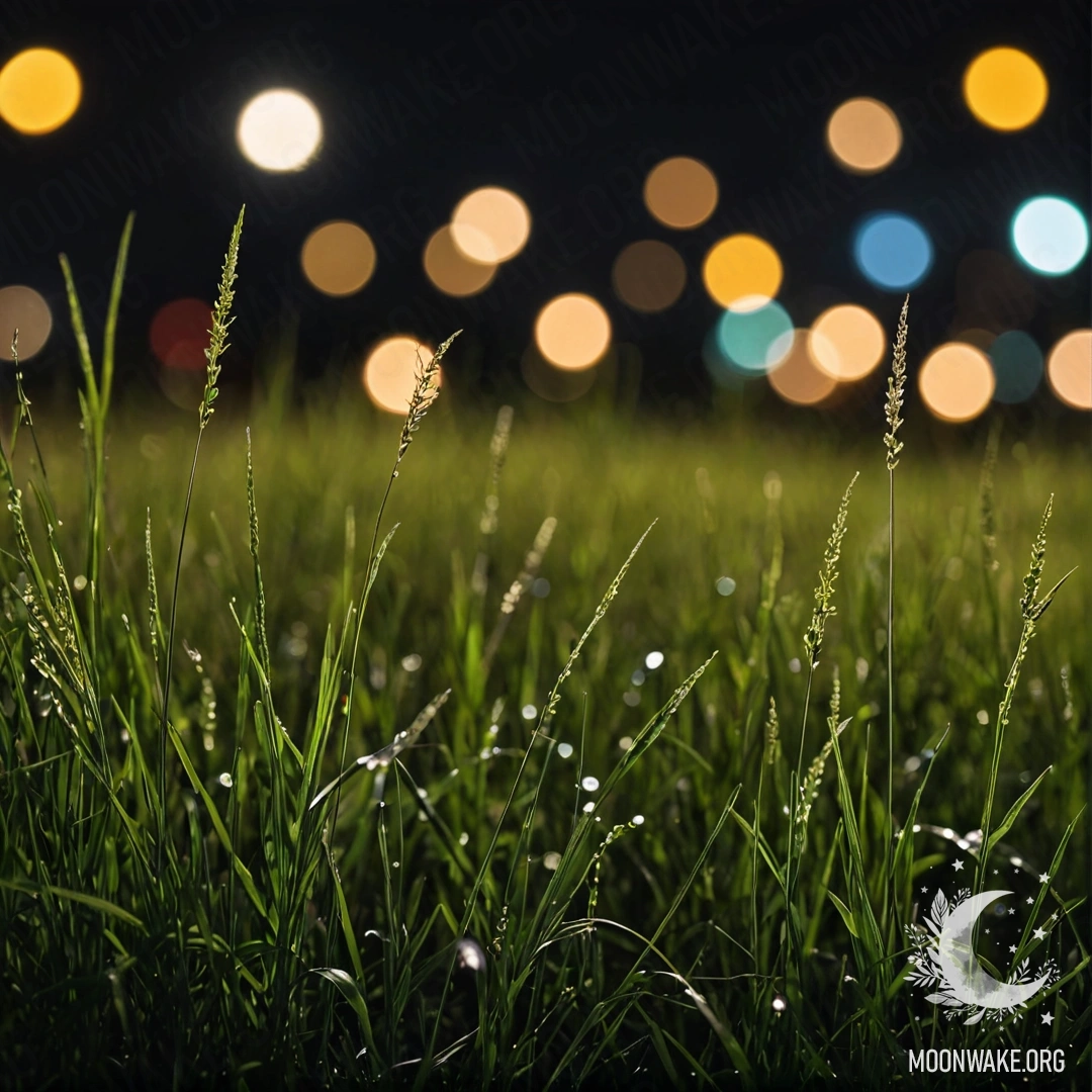 Крупный план травы на поле с размытыми цветами на заднем плане ночью.