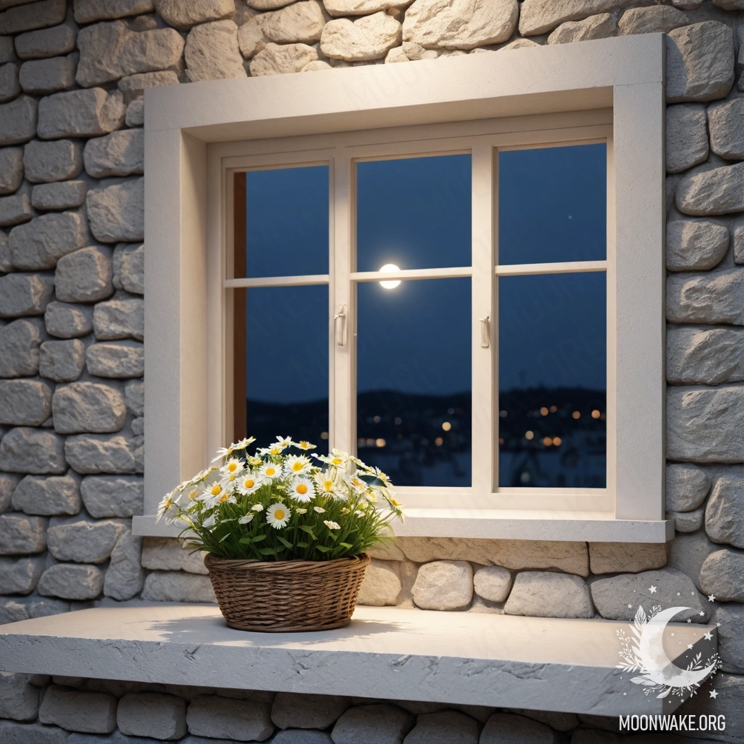 Фотореалистичное изображение белой каменной стены, открытого окна и корзины с ромашками на подоконнике в ночное время.