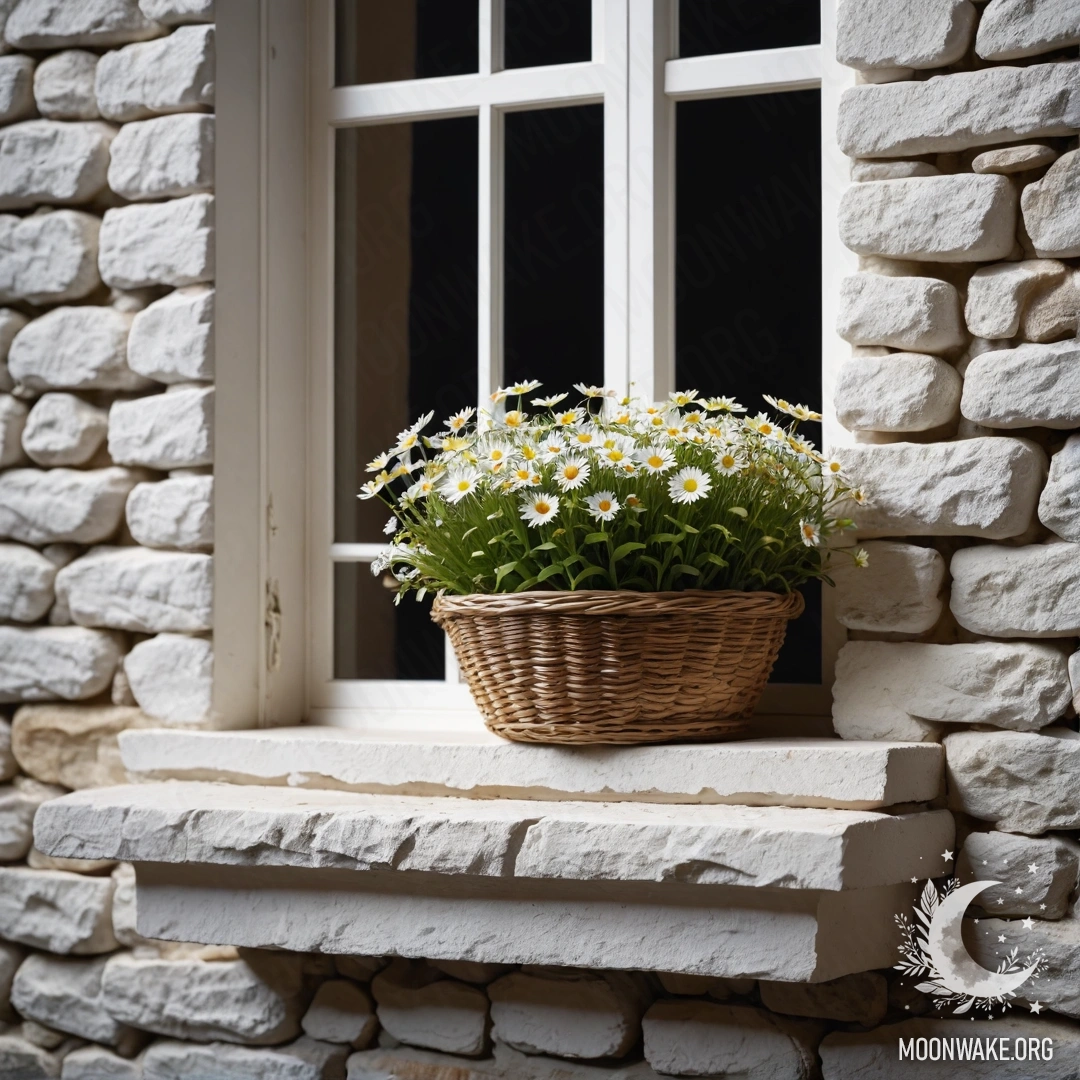 Спокойная белая каменная стена с открытым окном и корзинкой ромашек на подоконнике ночью.