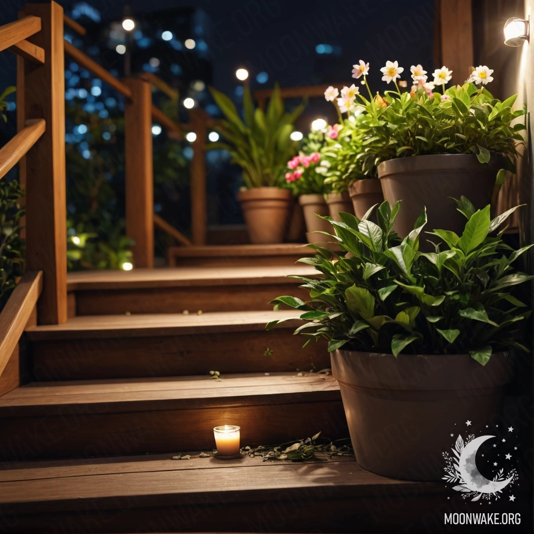 Деревянная лестница, украшенная цветочными горшками под ночным небом.