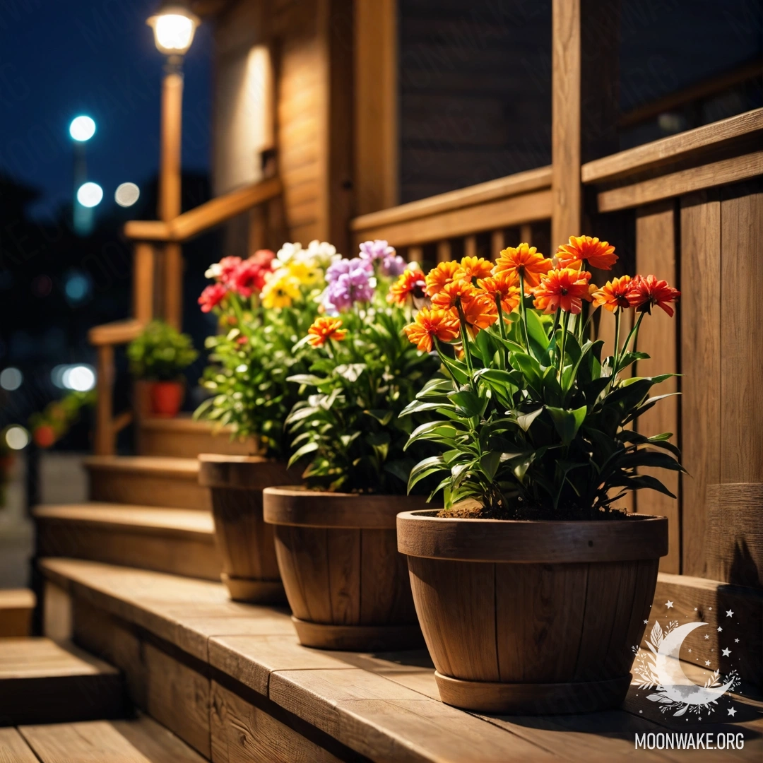 Красивая деревянная лестница, украшенная цветочными горшками ночью.