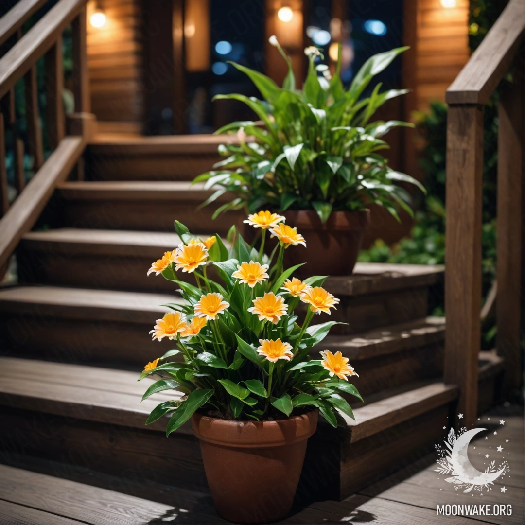Деревянная лестница, украшенная цветочными горшками ночью, создающая атмосферу уюта.