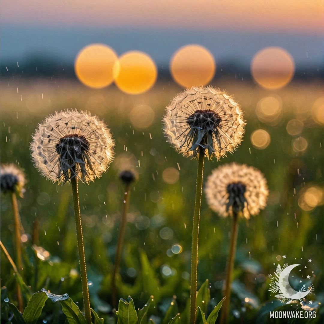 Крупный план одуванчиков на поле во время дождевого заката с эффектом боке на фоне.