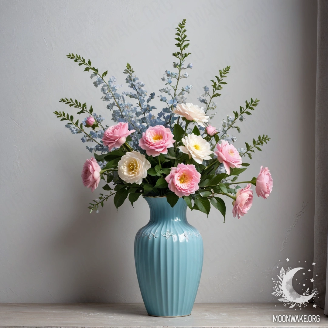 Старая потрепанная голубая дверь с букетом маков на ручке на фоне заката.