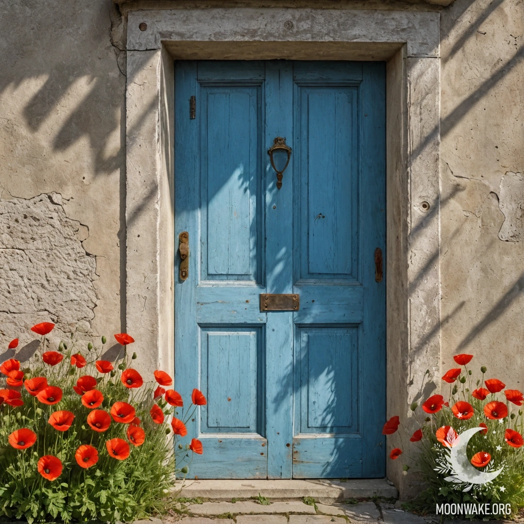 Старая обшарпанная голубая дверь с букетом маков в ручке, освещенная солнечными лучами.