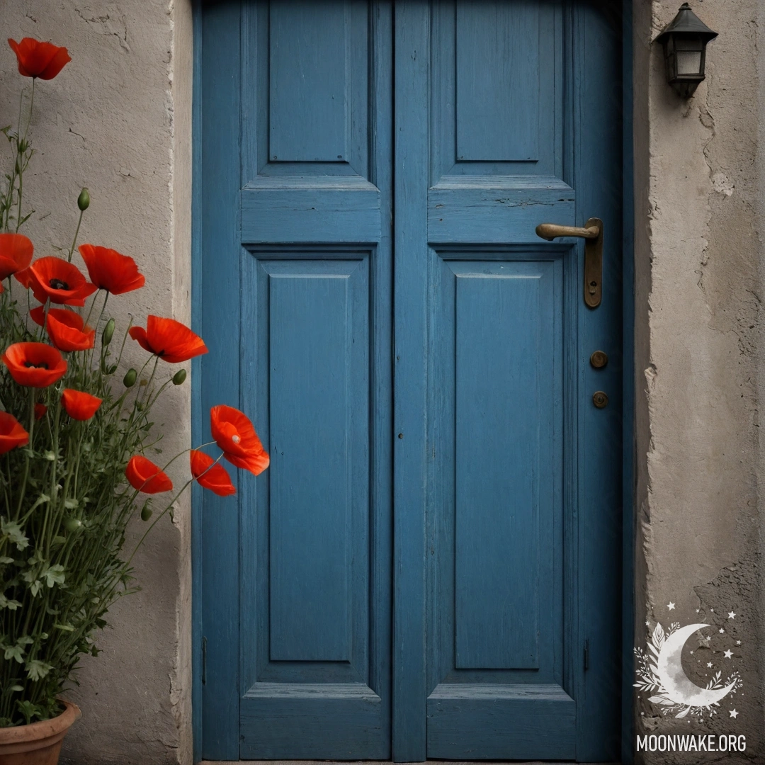Старая, потёртая голубая дверь с букетом маков в ручке, изображённая ночью.