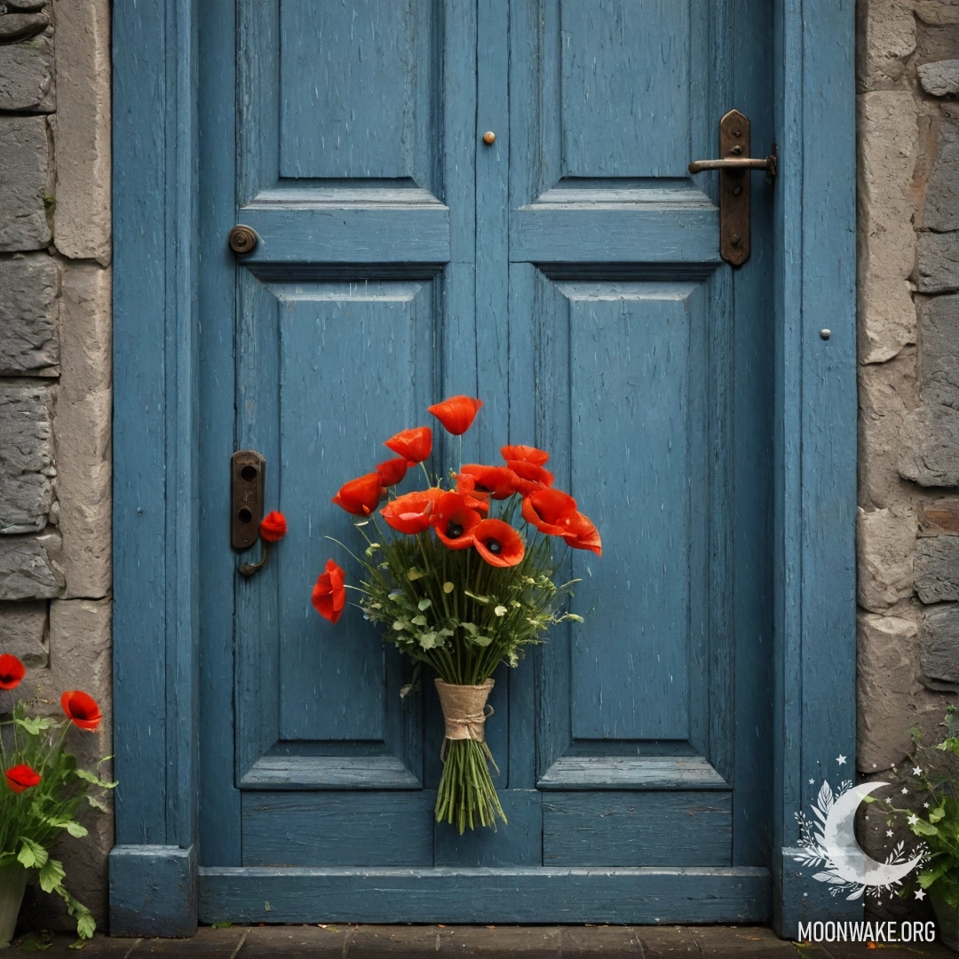 Старая потертая голубая дверь с букетом маков на ручке, вокруг капли дождя.