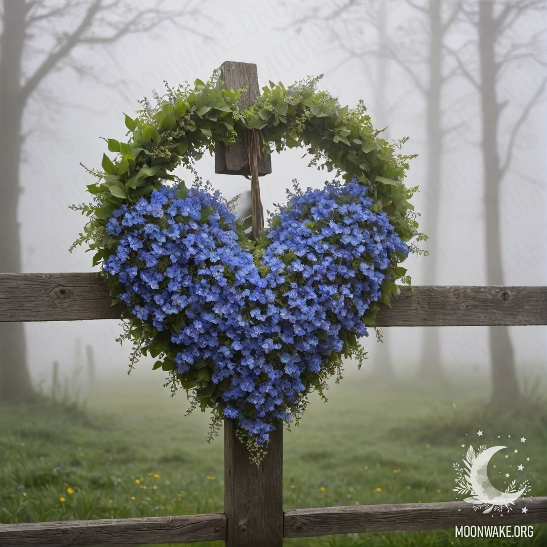 Старая голубая дверь, украшенная букетом маков на ручке, освещенная гирляндой огней.