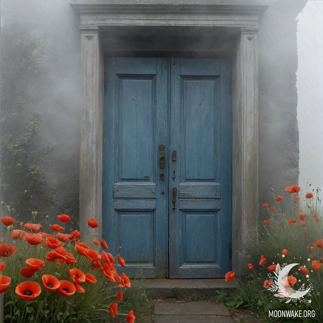 Старая обветшалая синяя дверь, украшенная букетом маков на ручке, окруженная густым туманом и мглой.
