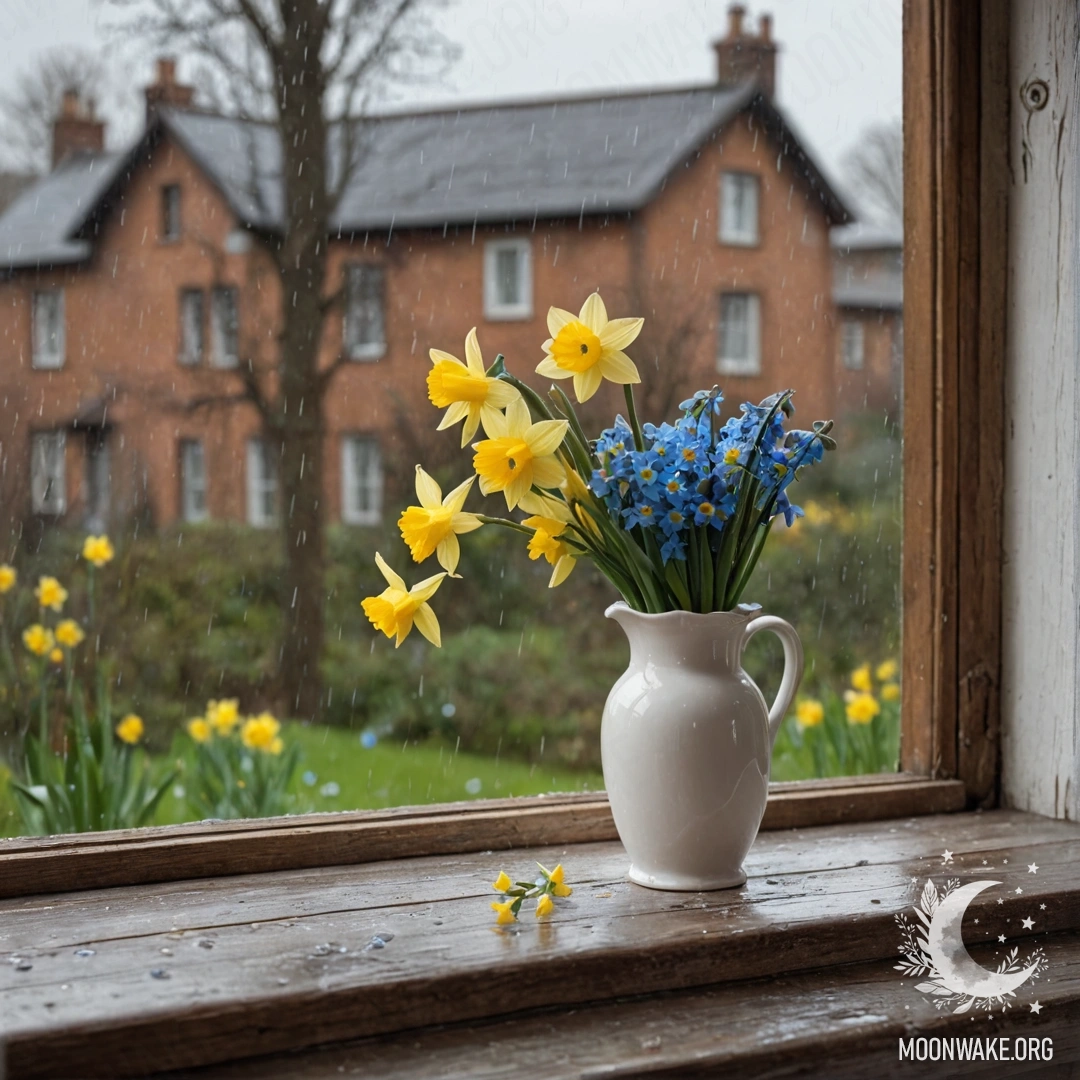 Старая растрепанная синяя дверь с букетом маков, висящим на ручке, на закате.