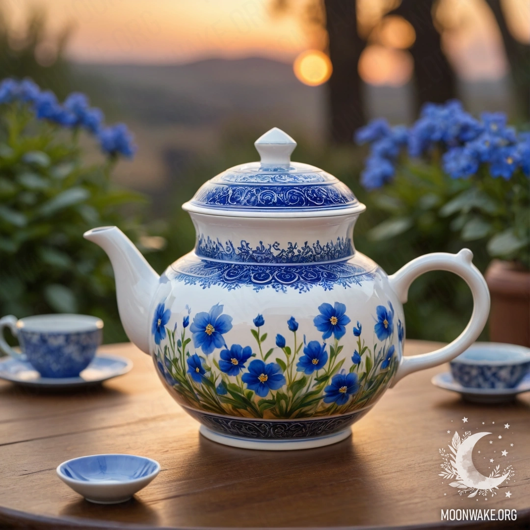 Старая потёртая голубая дверь, украшенная букетом маков в ручке и мягкими гирляндами света.