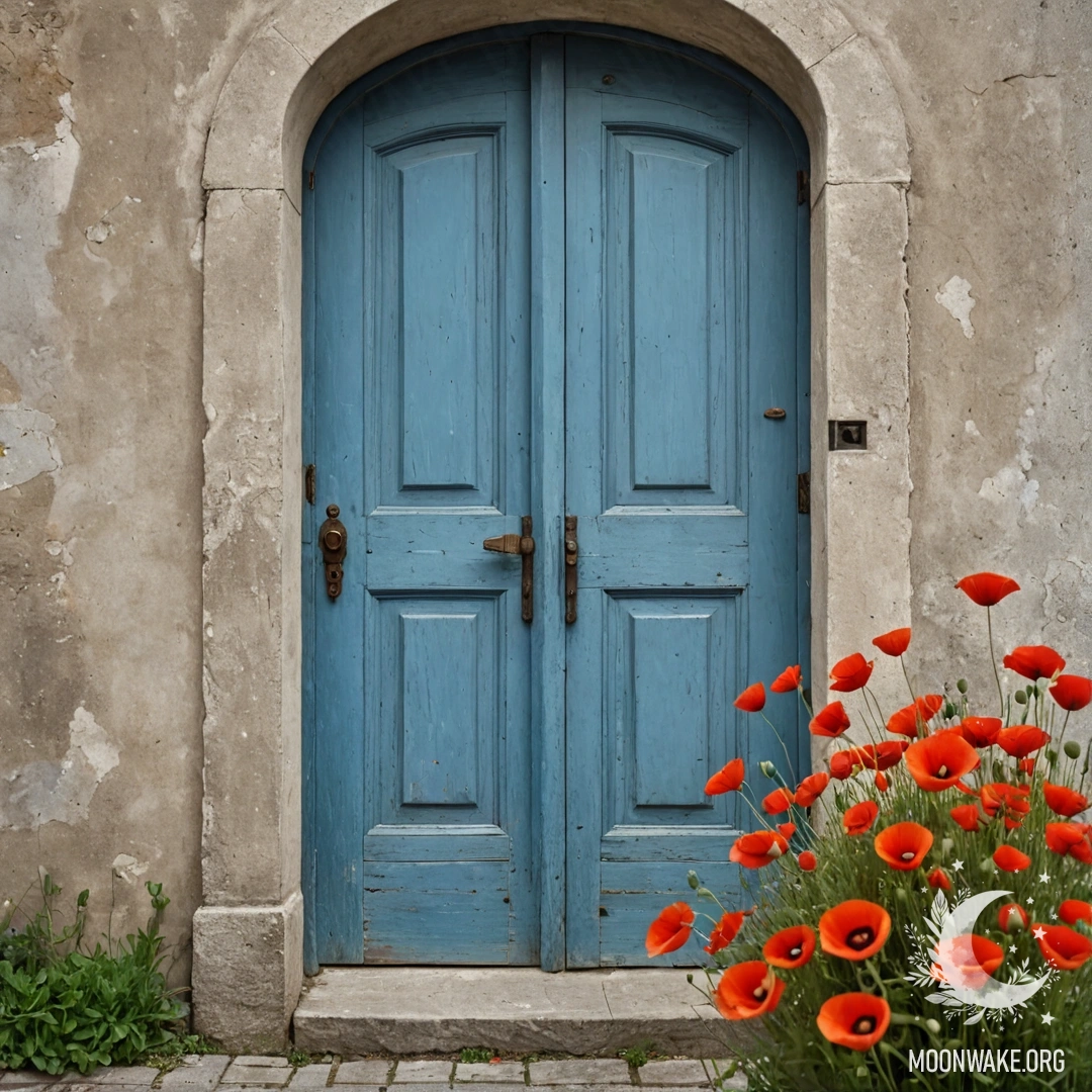 Потертая голубая дверь с букетом маков в ручке.