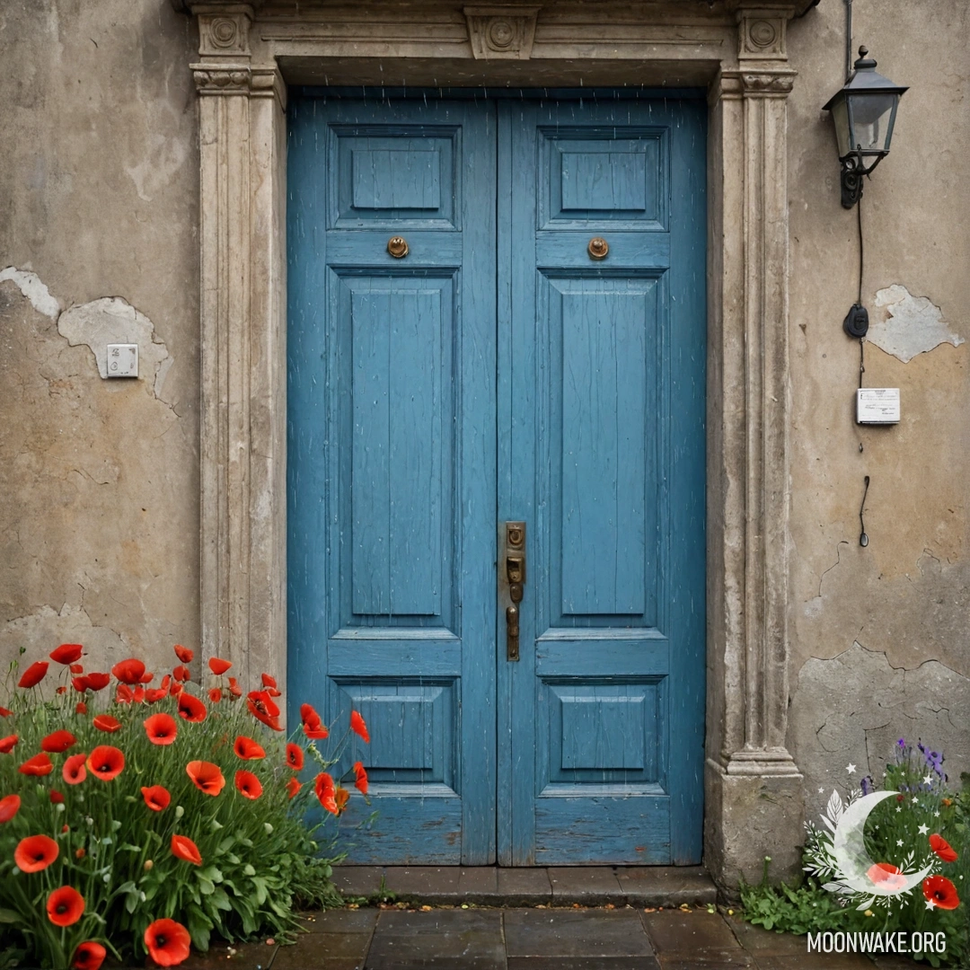 Старая потёртая голубая дверь с букетом красных маков в ручке под дождём.