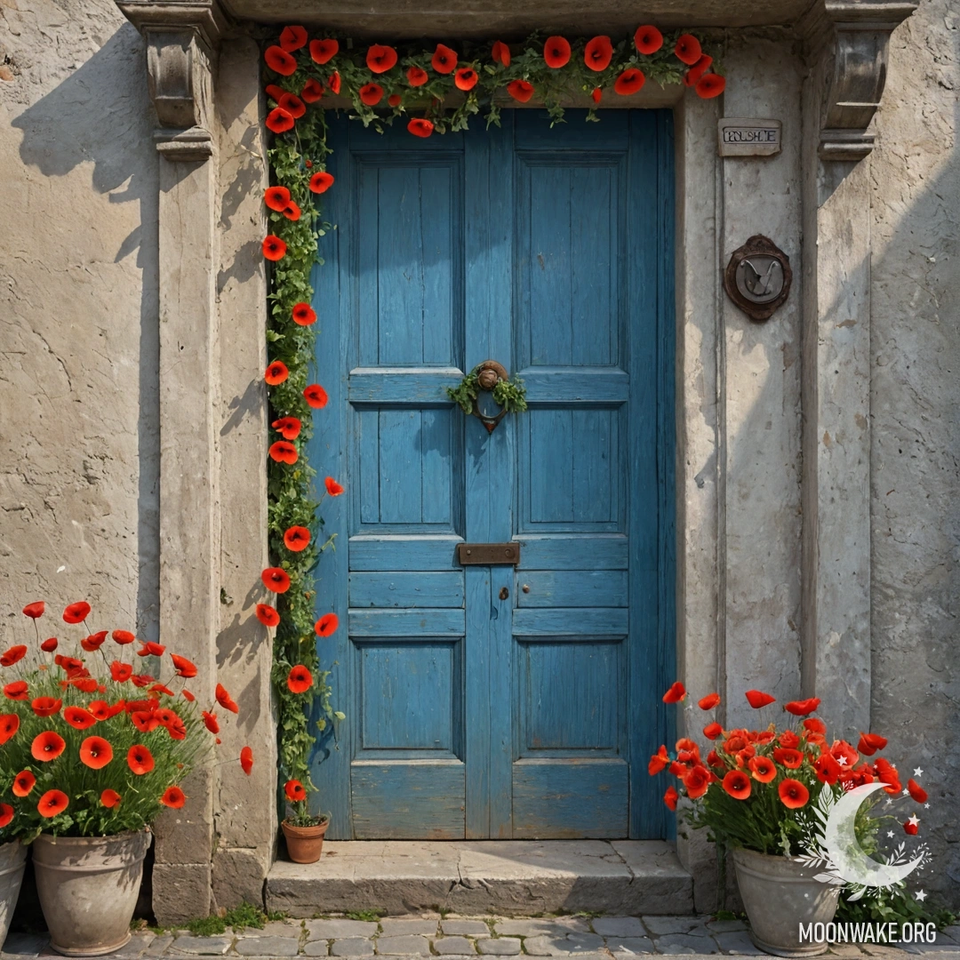 Старая обшарпанная синяя дверь с букетом маков в ручке, освещенная гирляндой огней.