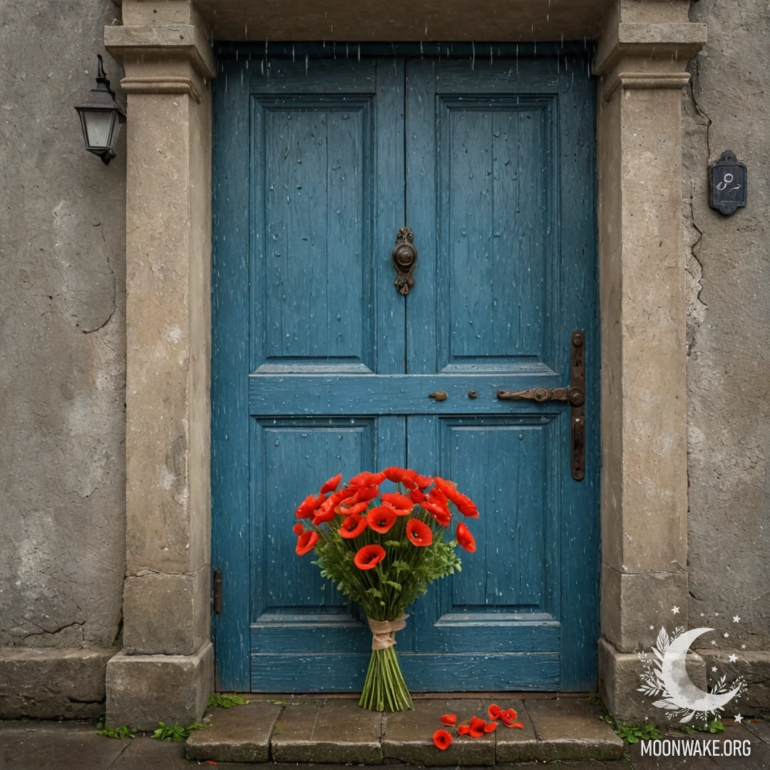 Старая обветренная синевая дверь, украшенная букетом маков, висящим на ручке, под дождем.
