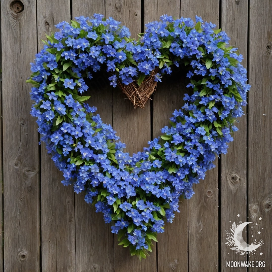 Крупный план старого деревянного забора, украшенного венком из голубых цветов в форме сердца.