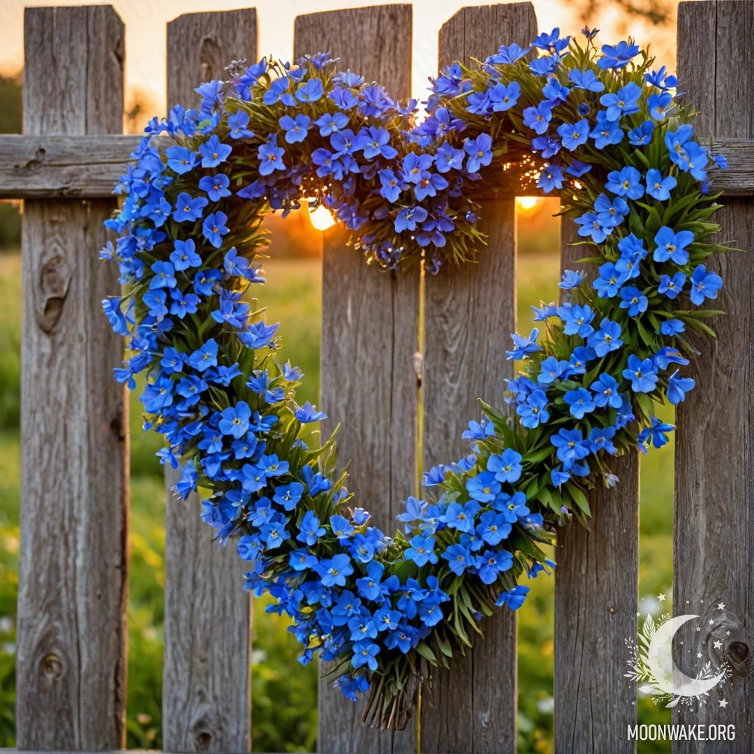 Близкий план старой деревянной ограды, украшенной венком в форме сердца из голубых цветов на фоне заката.