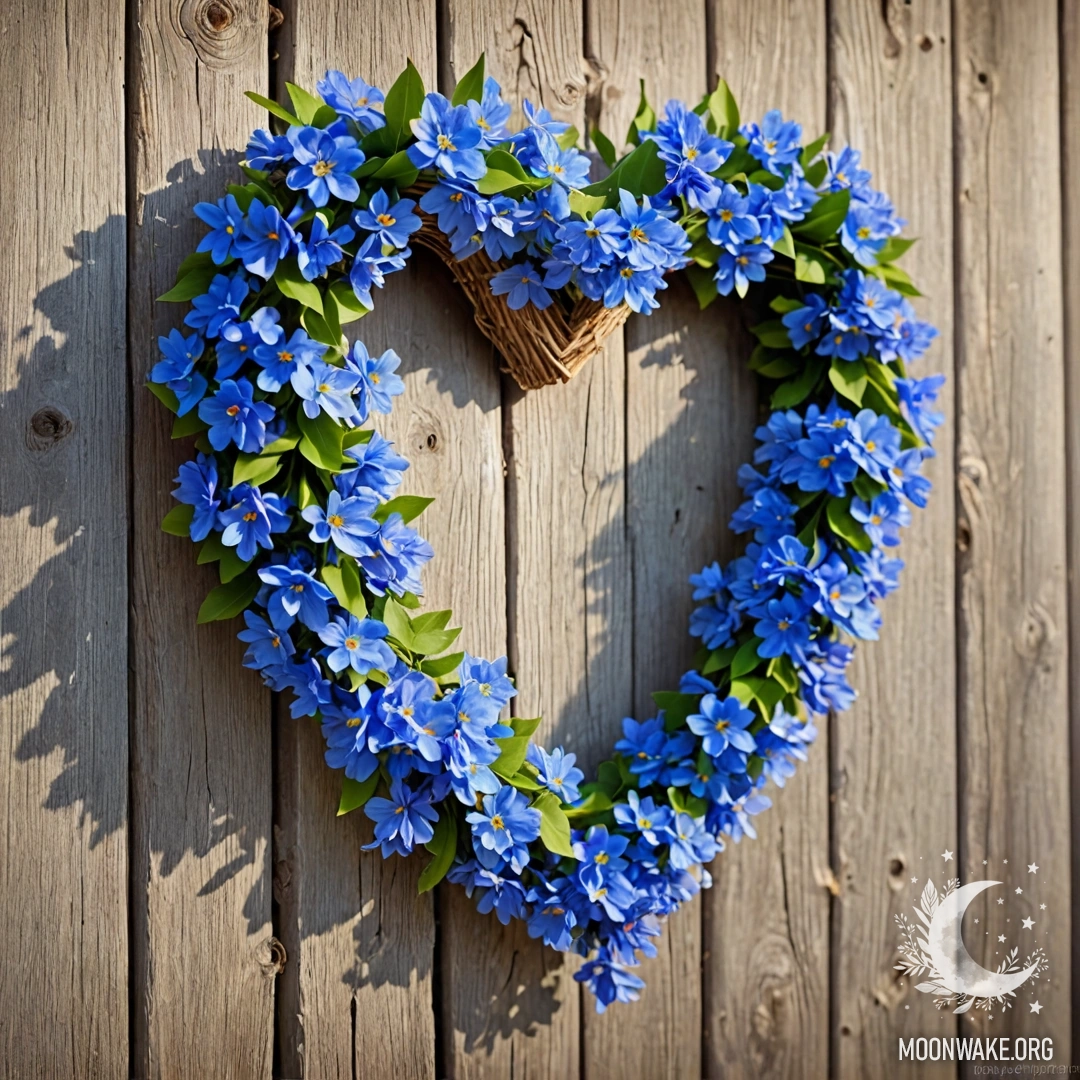 Крупный план старого деревянного забора, украшенного венком в форме сердца из синих цветов, украшенным гирляндой света.