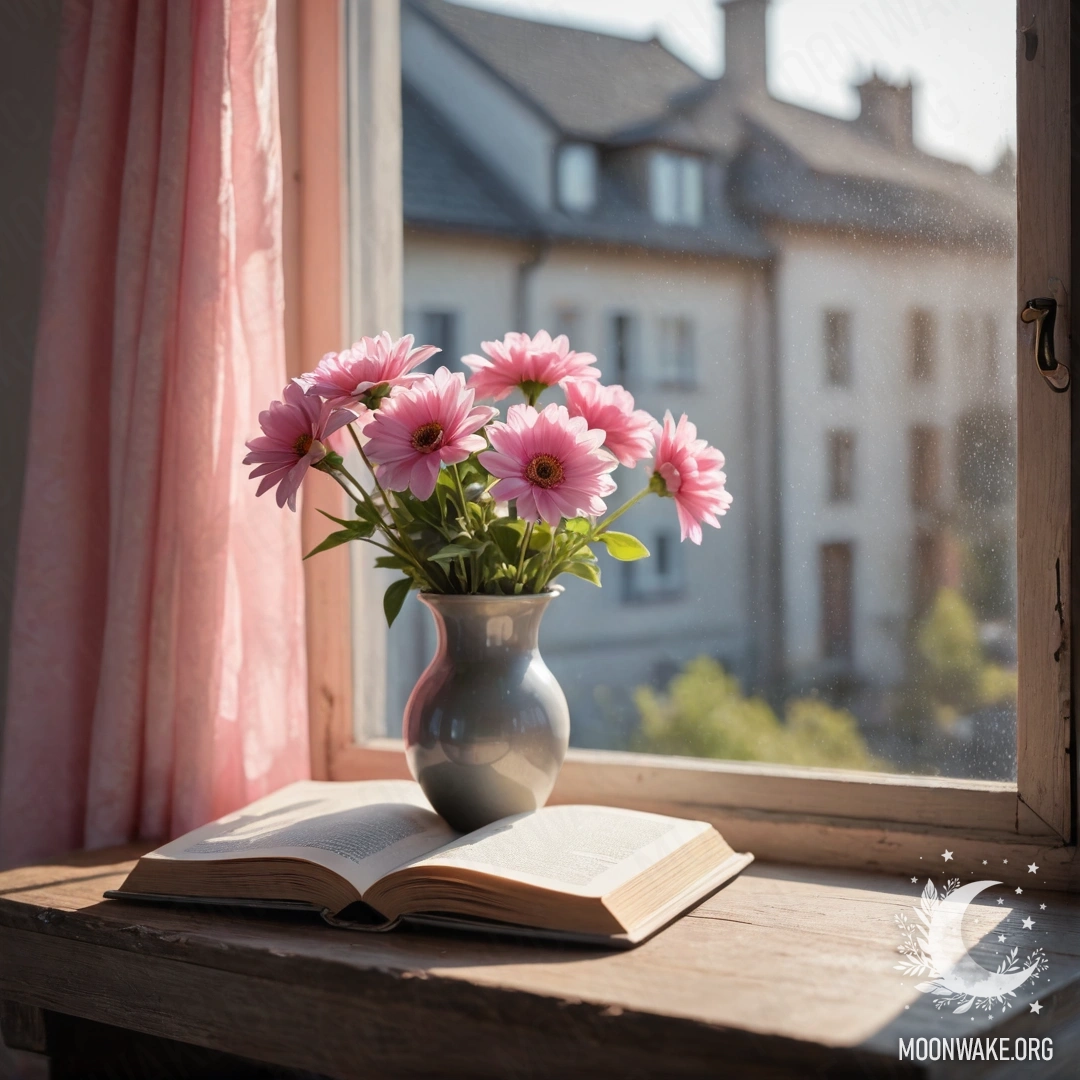 Старый обшарпанный деревянный стол, украшенный белой вязаной скатертью и бирюзовой вазой с желтыми цветами.