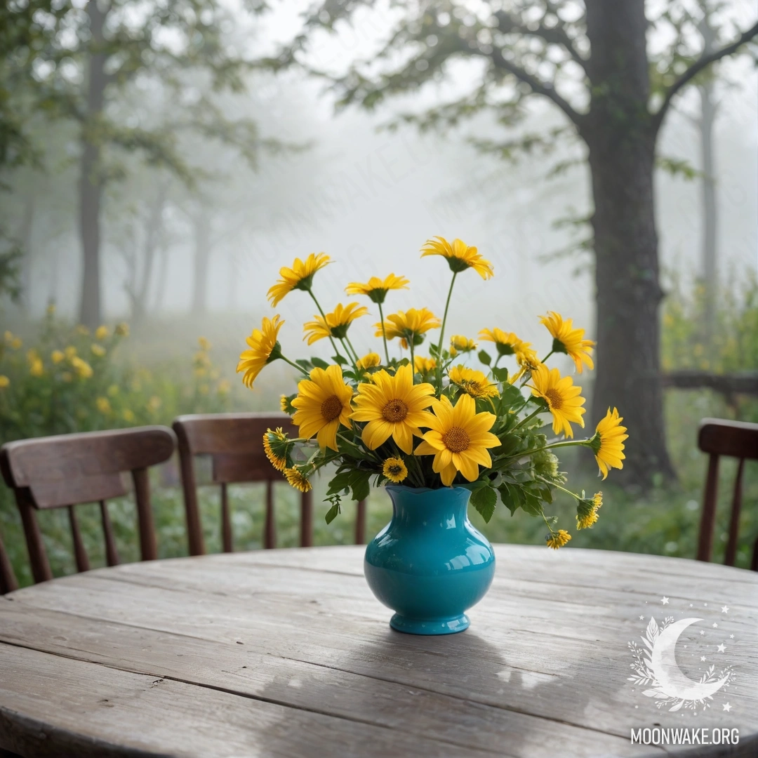Старый деревянный стол, накрытый белой вязаной скатертью, с бирюзовой вазой, наполненной желтыми цветами, окутанный густым туманом.