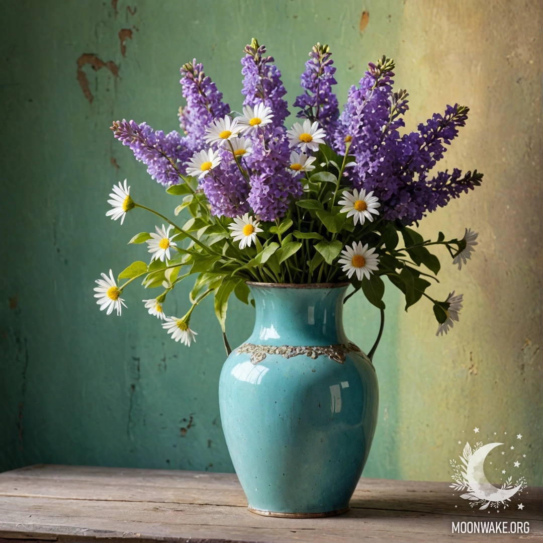 Рустикальный деревянный стол, накрытый белой вязаной скатертью, с бирюзовой вазой, наполненной желтыми цветами, на фоне дождя.