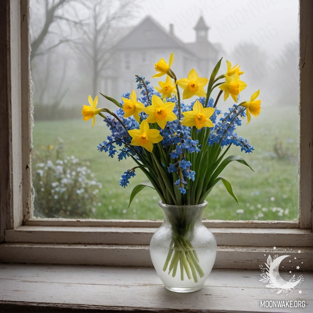 Потёртая деревянная подоконник, укрытая белой вазой с нарциссами и незабудками, окружённая густым туманом.