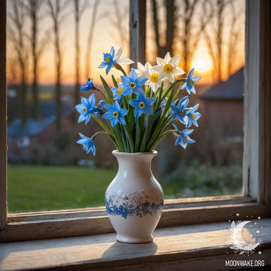 Белая фарфоровая ваза с нарциссами и незабудками на потертой деревянной подоконнице на закате.