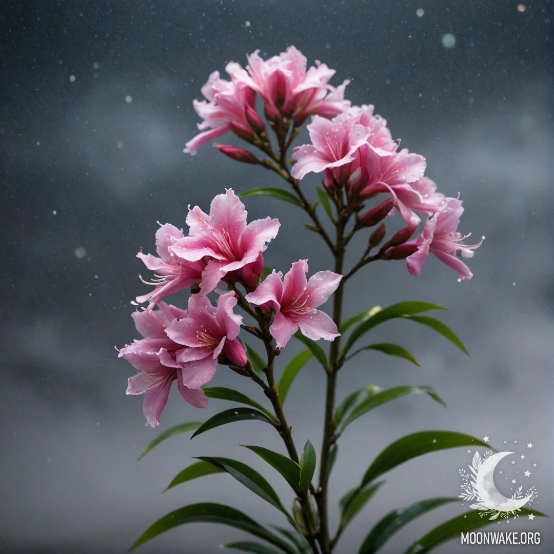 Минималистичный пейзаж с цветами олеандра, окутанными туманом в ночное время, с мерцающими эффектами, напоминающими морские волны.