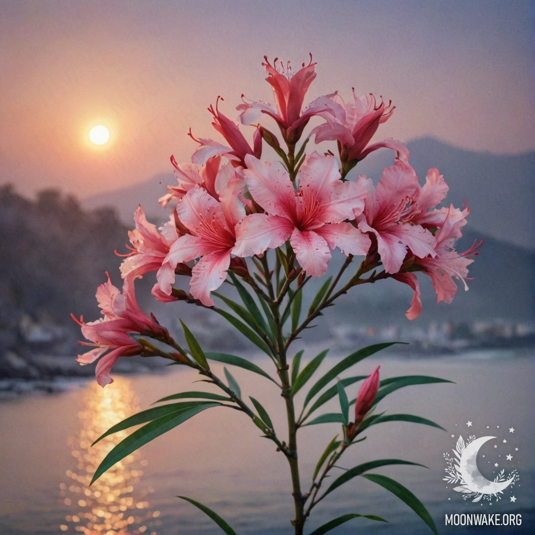 Красивый олеандр, окружённый туманом на закате, отражающий цвета морской волны.