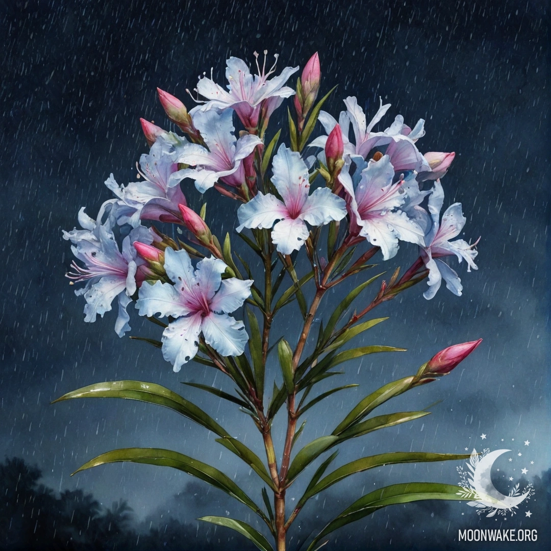 Букет мирных цветов олеандра в туманном дожде ночью, окутанный мягкими голубыми оттенками.