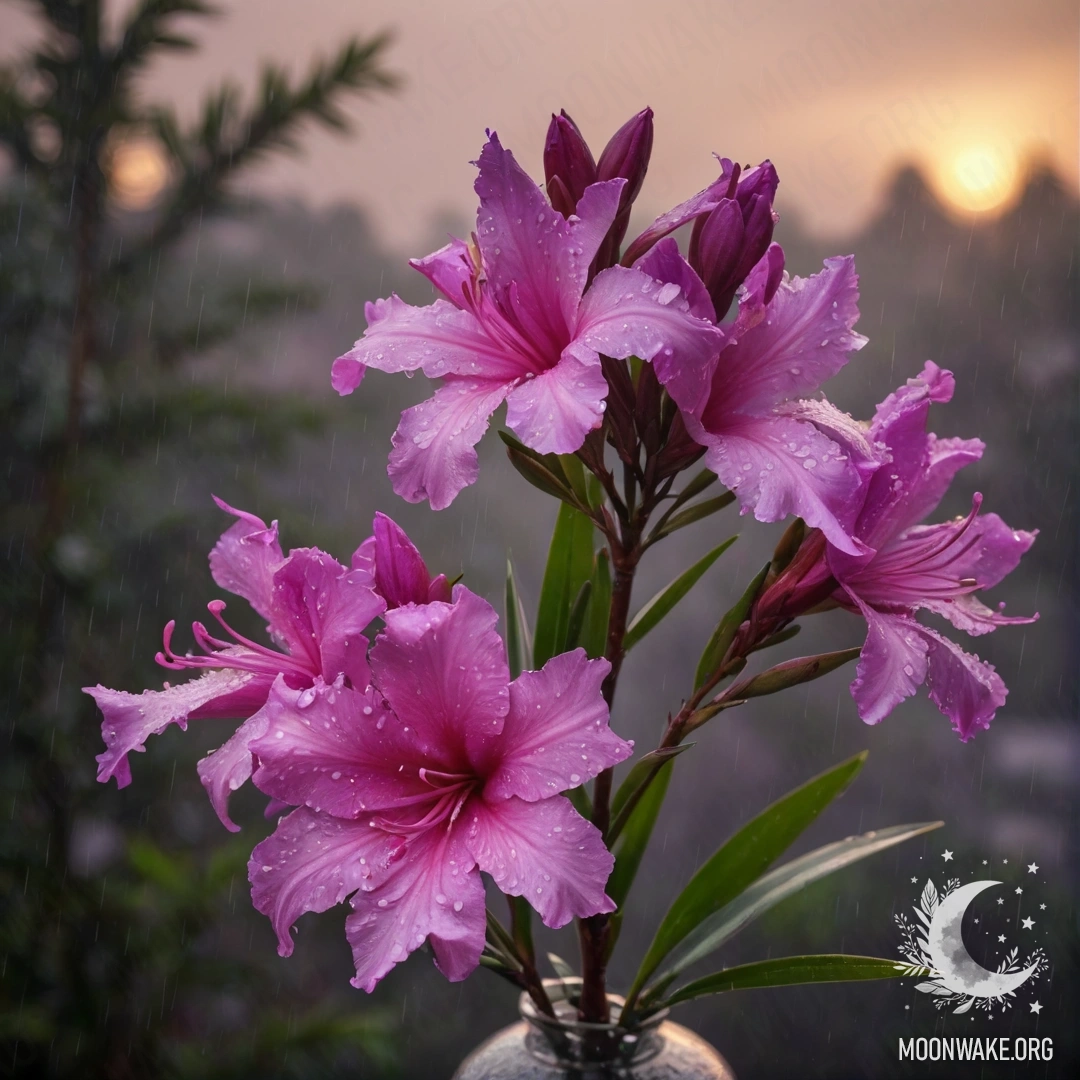 Красивый пурпурный олеандр в вазе, окутанный туманом и дождем на закате.