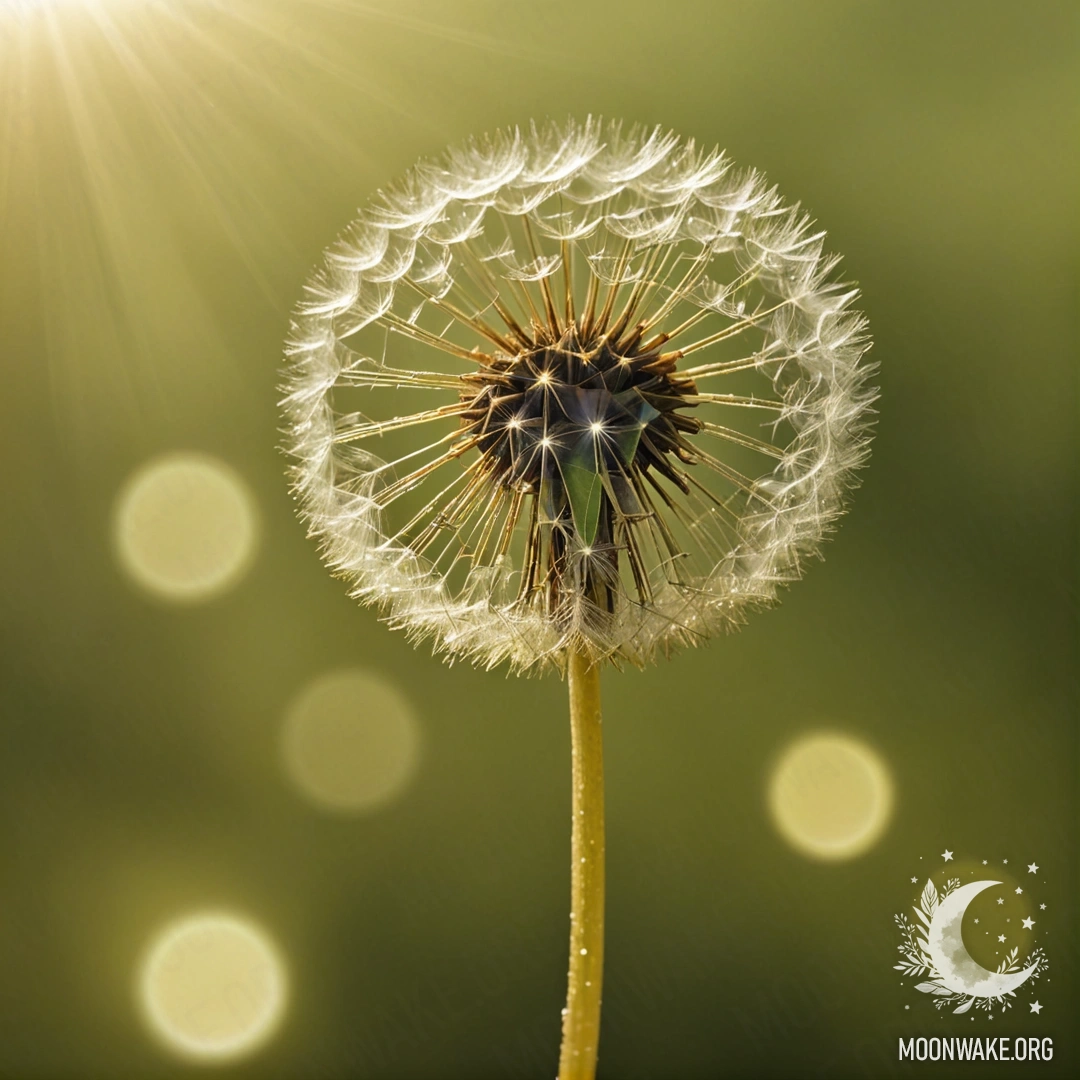Минималистичный оливковый одуванчик, залитый солнечными лучами с блестками.