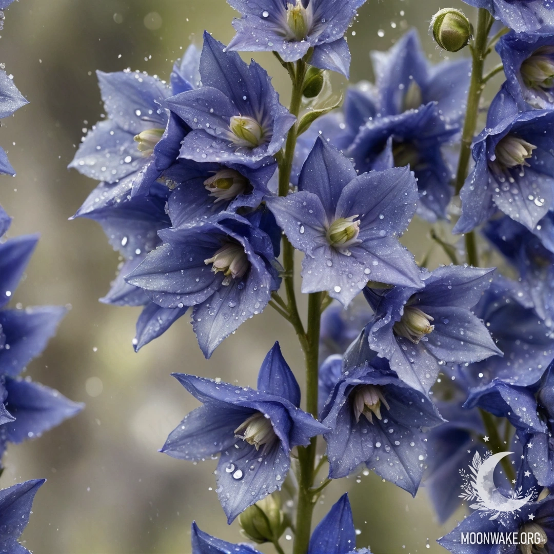 Оливковый делфиниум, украшенный каплями росы и сверкающим блеском.