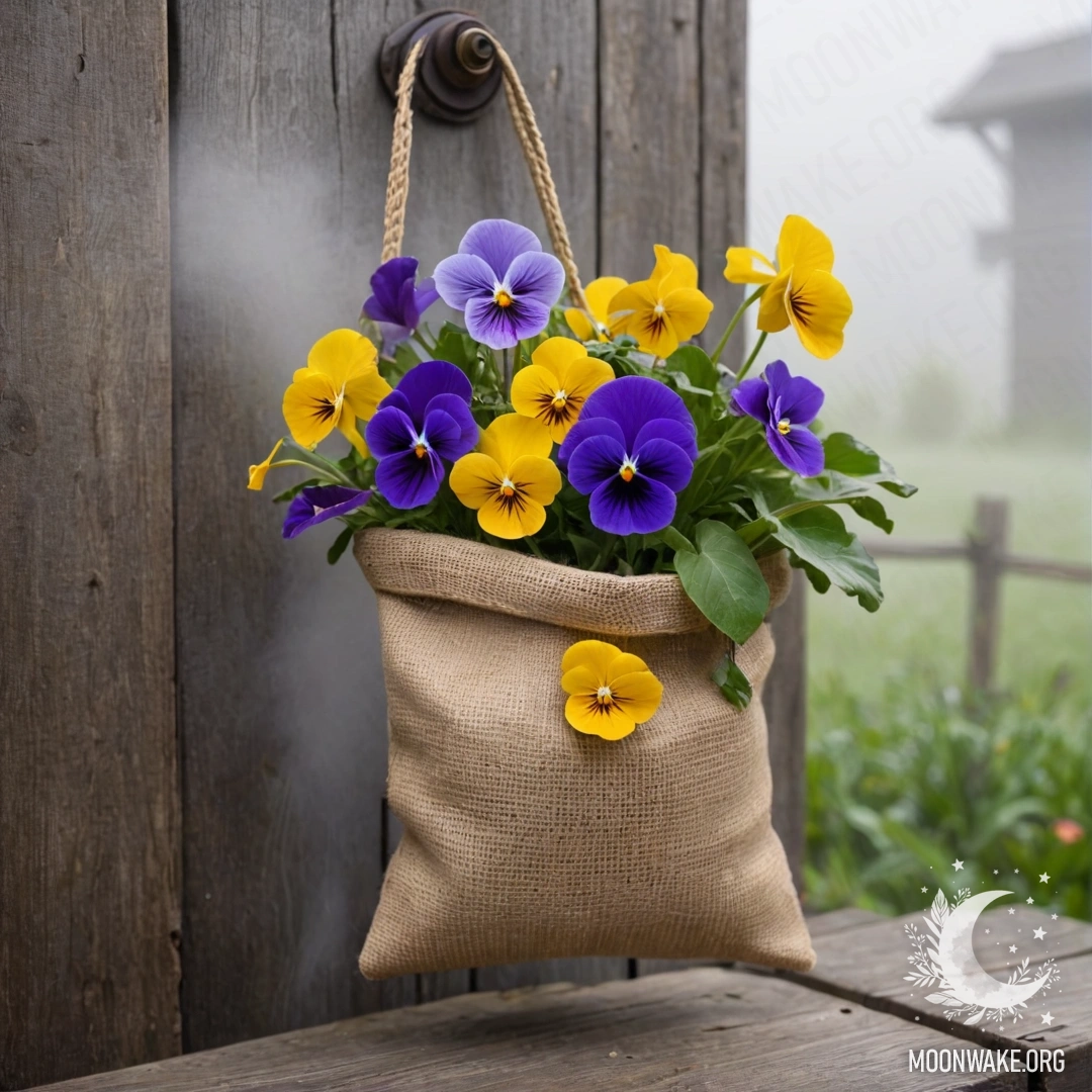 Маленький мешочек из мешковины, наполненный фиалками, висящий на потрепанной деревянной стене, окружённый густым туманом.