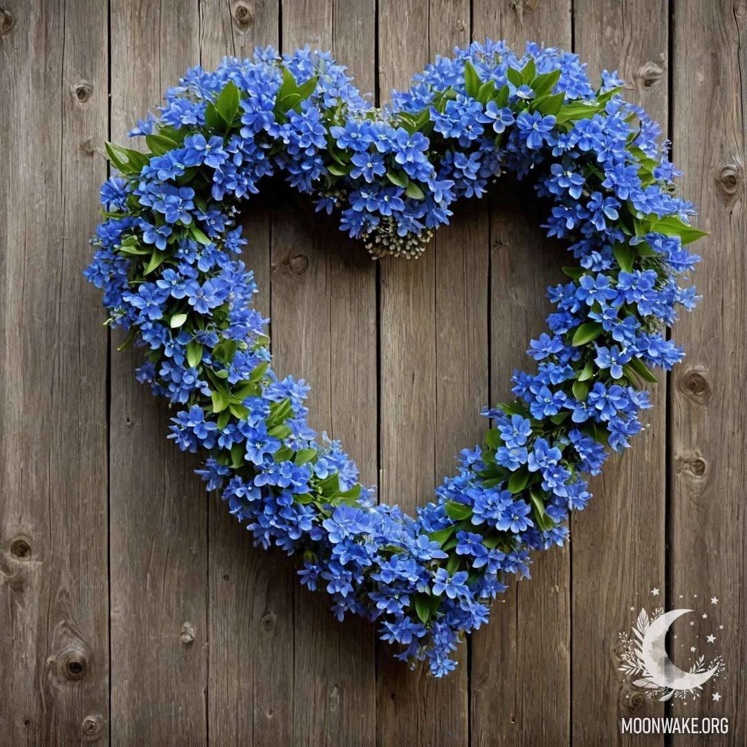 Небольшой мешочек из мешковины с анютиными глазками, висит на потертой деревянной стене.